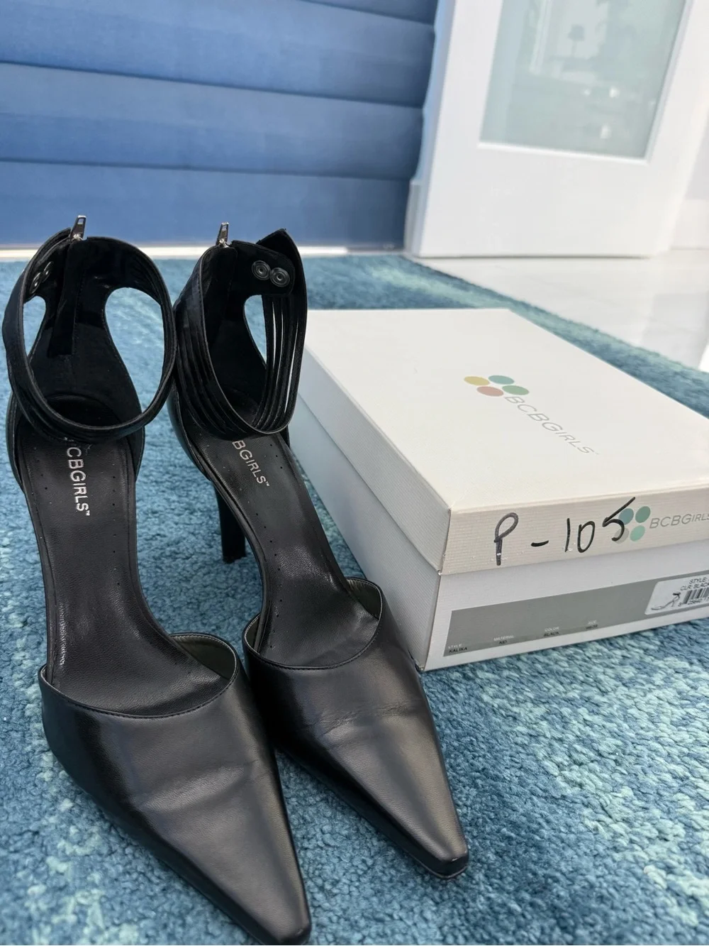 BCBG Black Pointed Ankle-Strap Stiletto Heels with Slim Heel